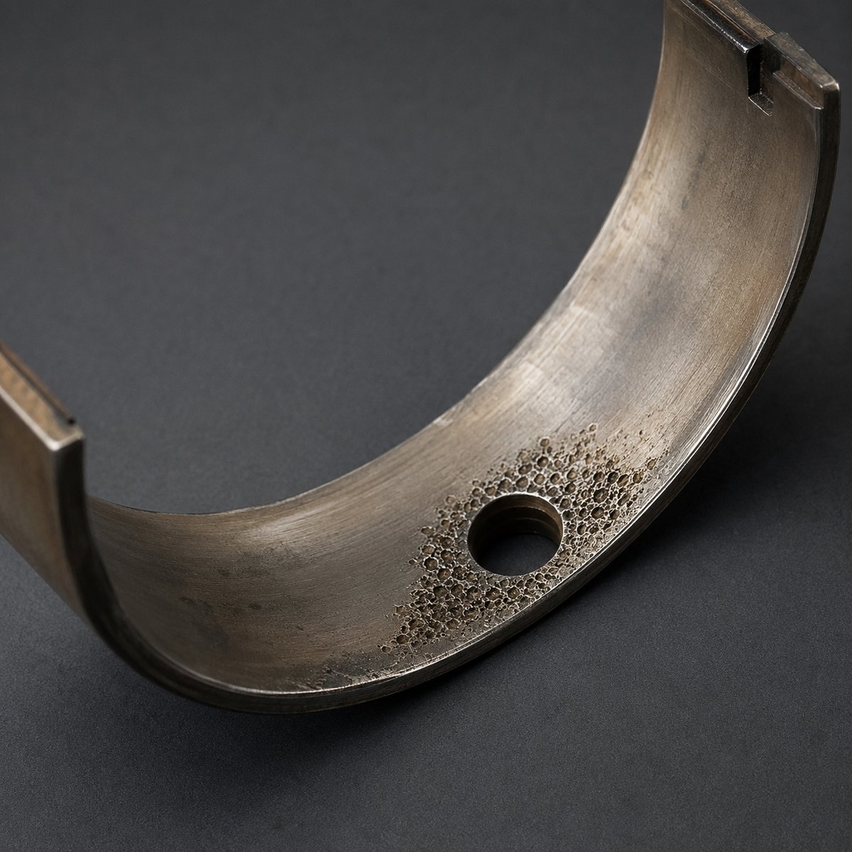 Bearing showing cavitation erosion — honeycomb pitting near oil supply hole