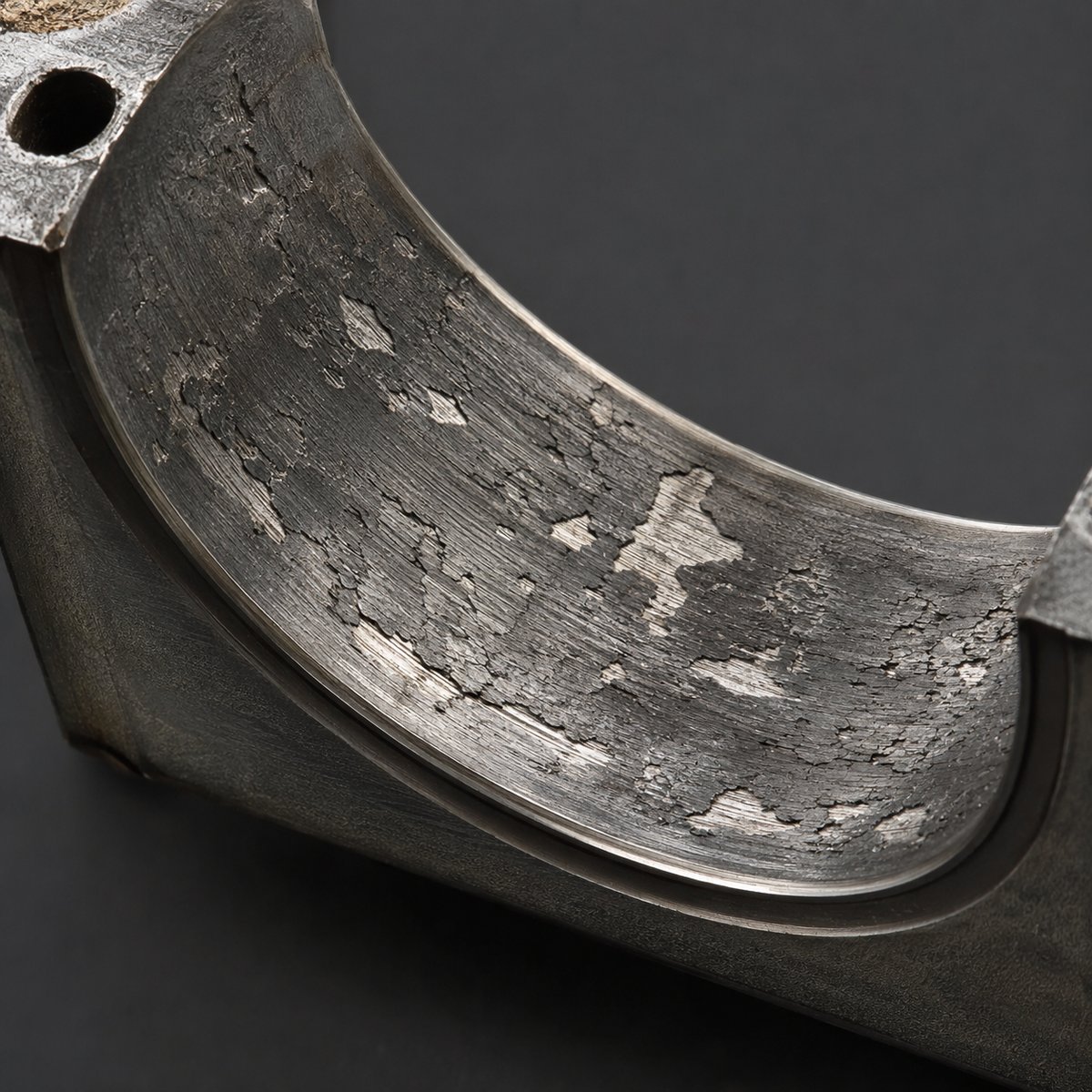 Bearing showing fatigue spalling — mud-cracked surface with flaked material