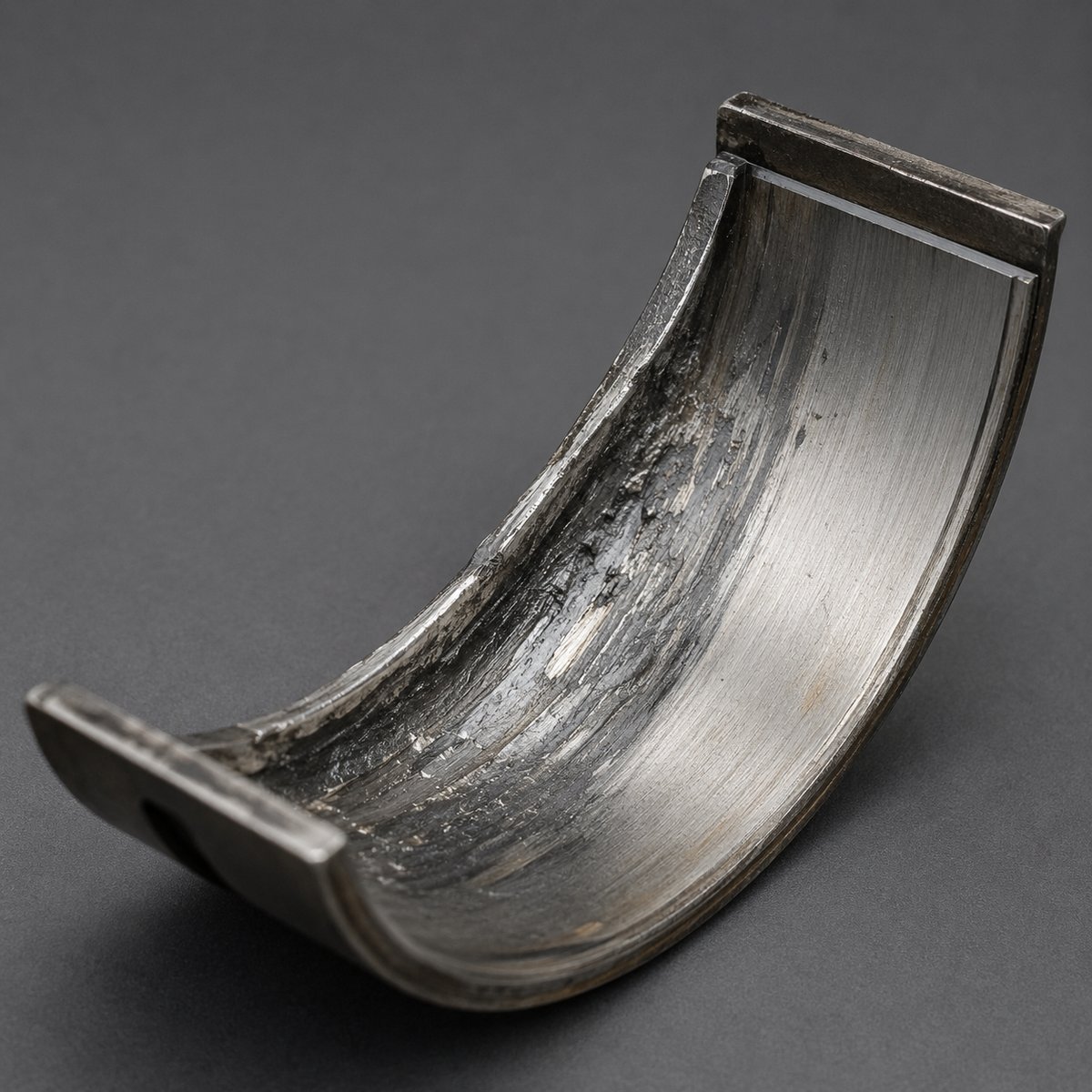 Bearing showing overload damage — surface smearing and one-sided deformation