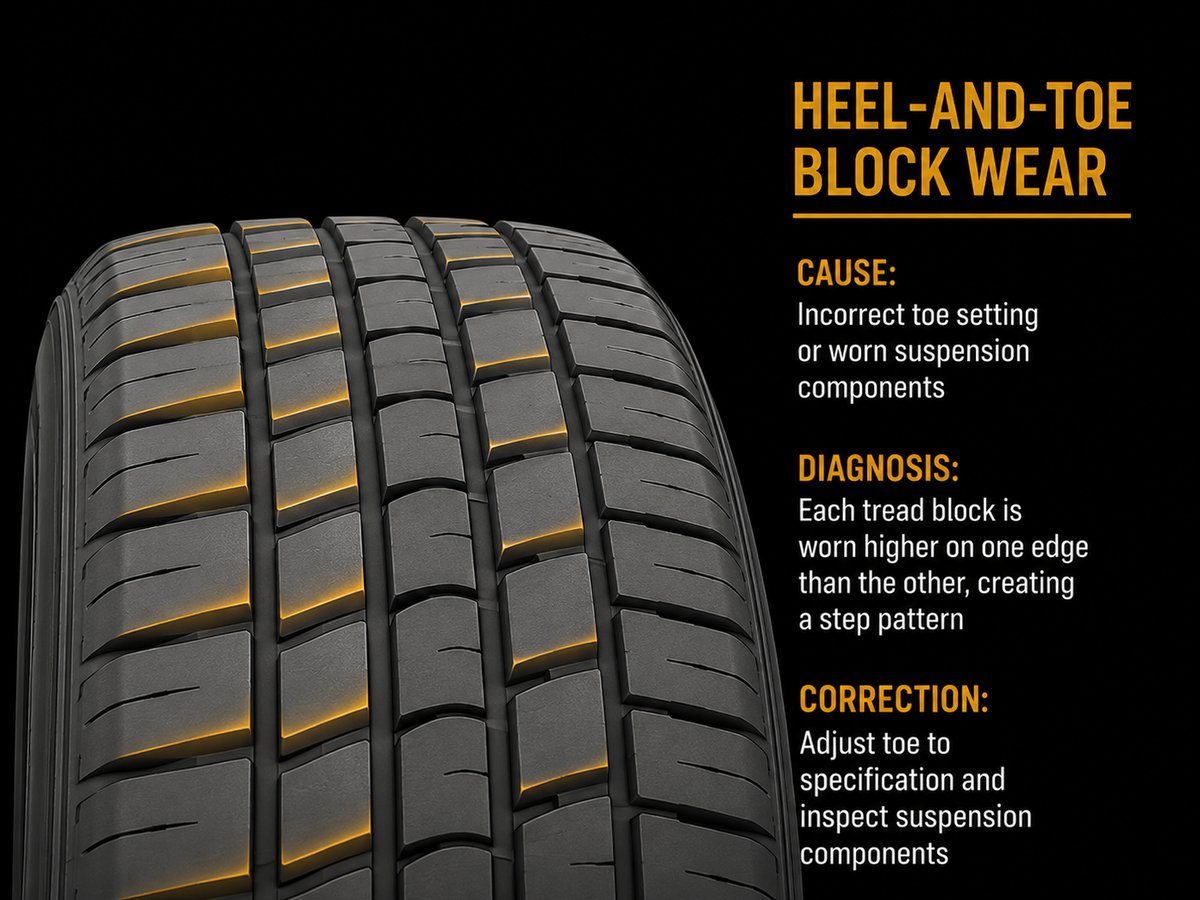 Tire showing heel-and-toe block wear